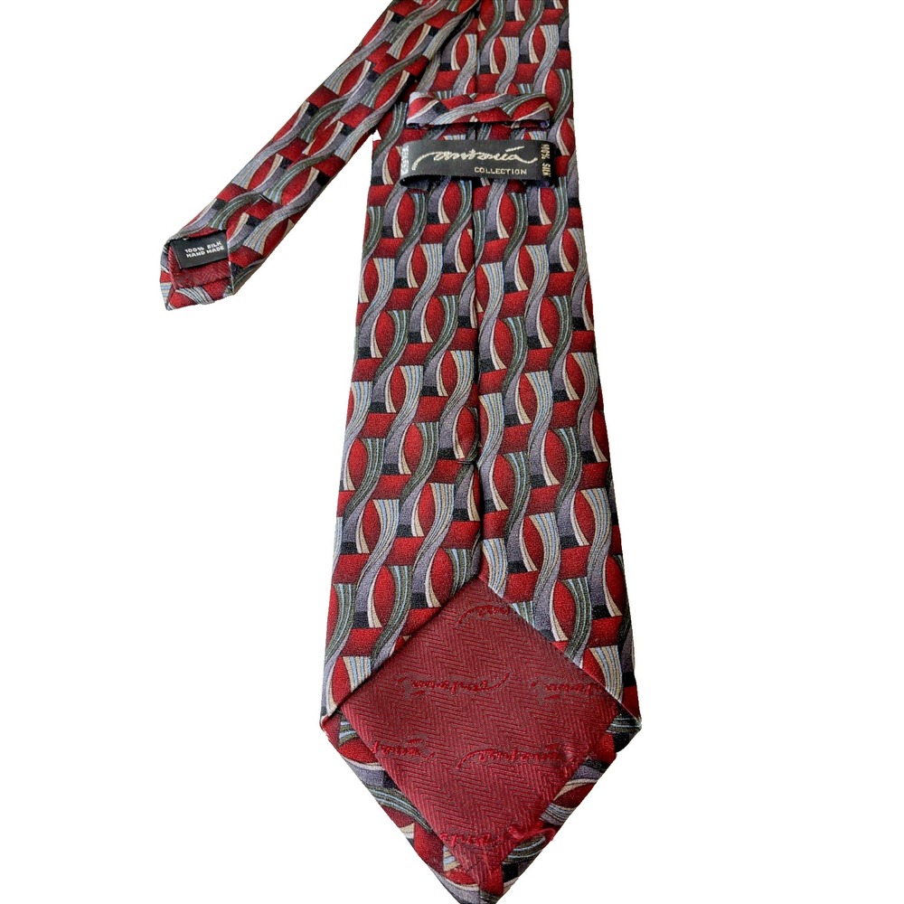 Antonia Collection EXTRA LONG Italian 100% Silk Tie Red Silver Geometric Career - Picture 2 of 6